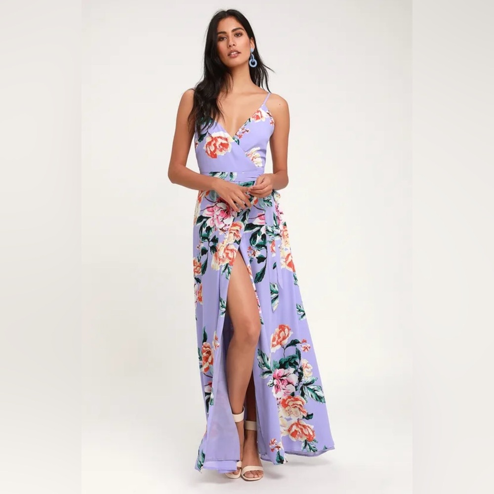 Lulus Floral Flirtation Lavender Floral Print Wrap Maxi Dress. Size M